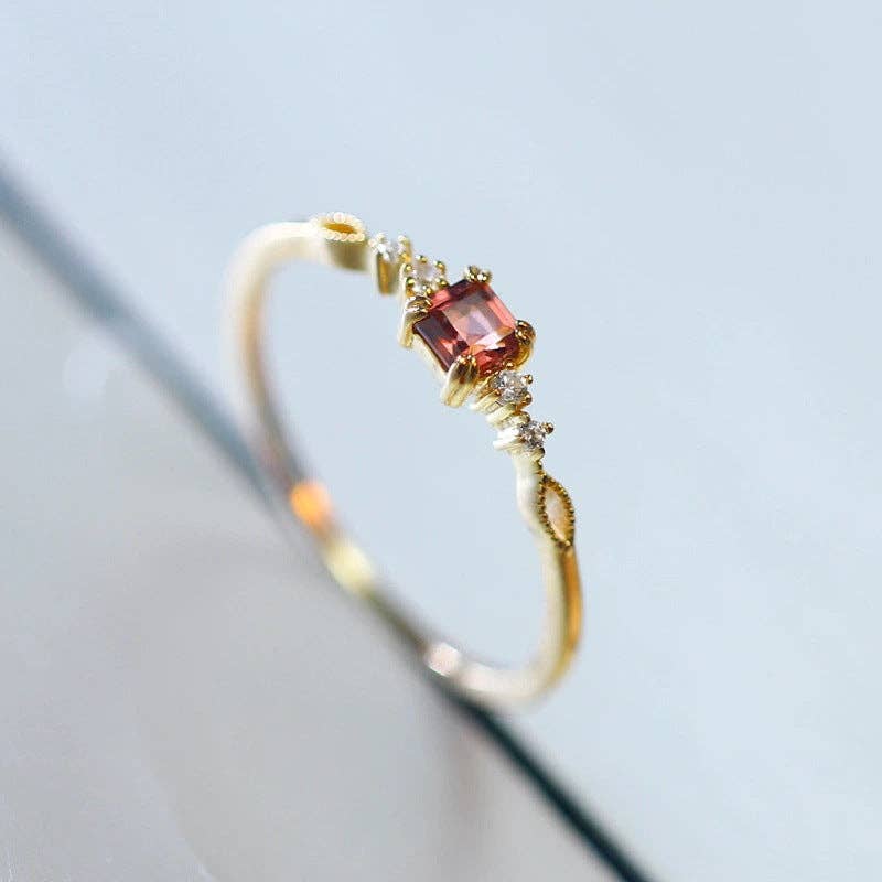Gold Vintage Garnet Stone Thin Band Ring in Sterling Silver