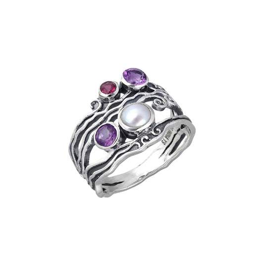 925 Sterling Silver Pearl Amethyst Textured Ring