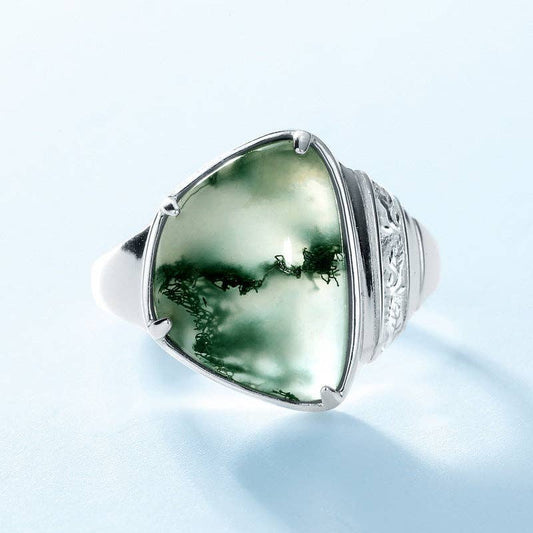 Triangular Moss Agate Statement Ring in 925 Sterling Silver