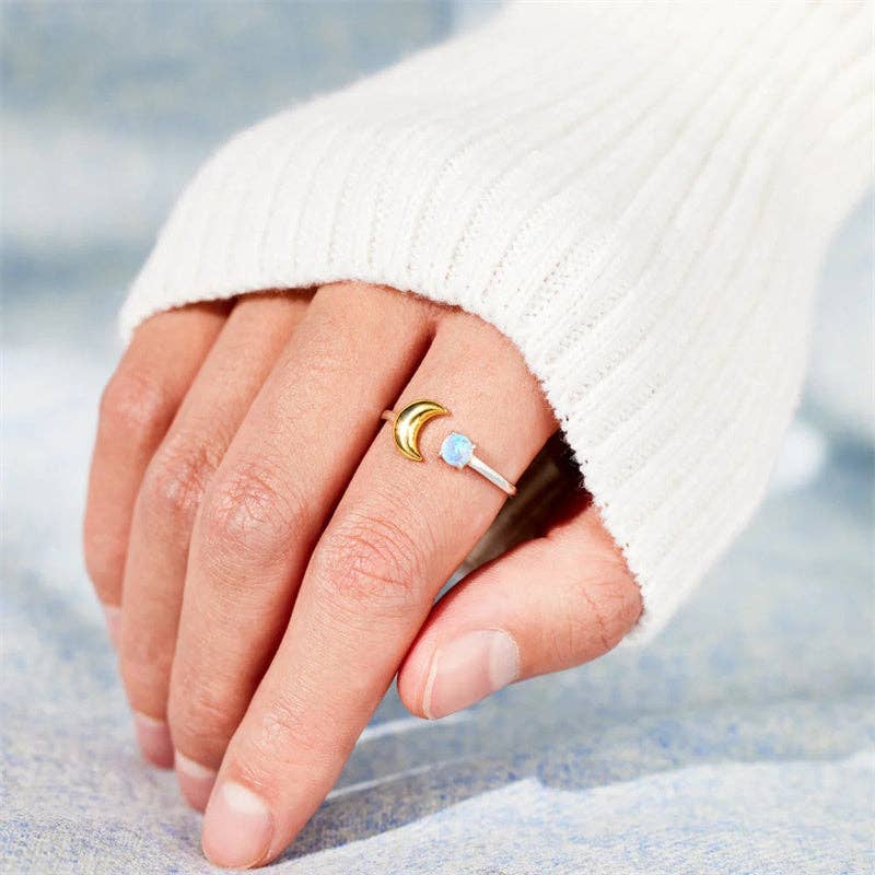 Gold Opal Moon Star Stacking Ring in 925 Sterling Silver