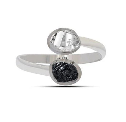 Black Tourmaline & Herkimer Diamond Twist Ring