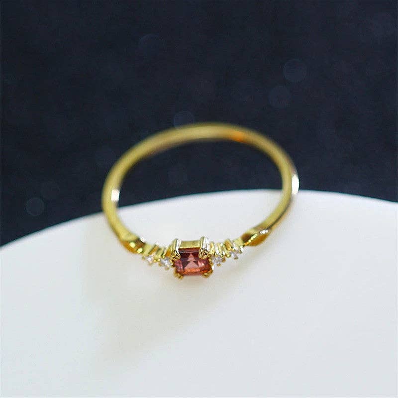 Gold Vintage Garnet Stone Thin Band Ring in Sterling Silver