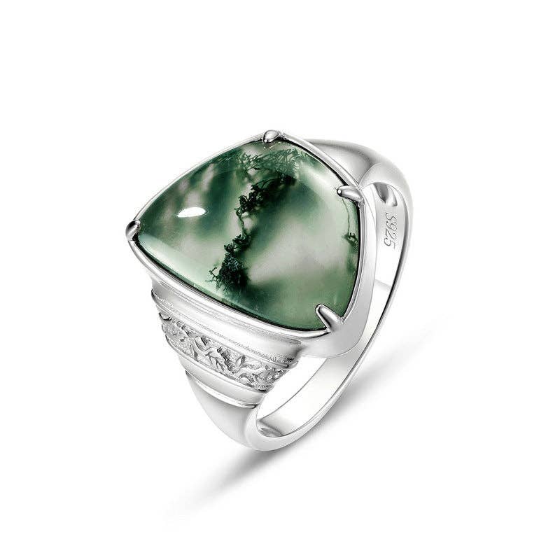 Triangular Moss Agate Statement Ring in 925 Sterling Silver