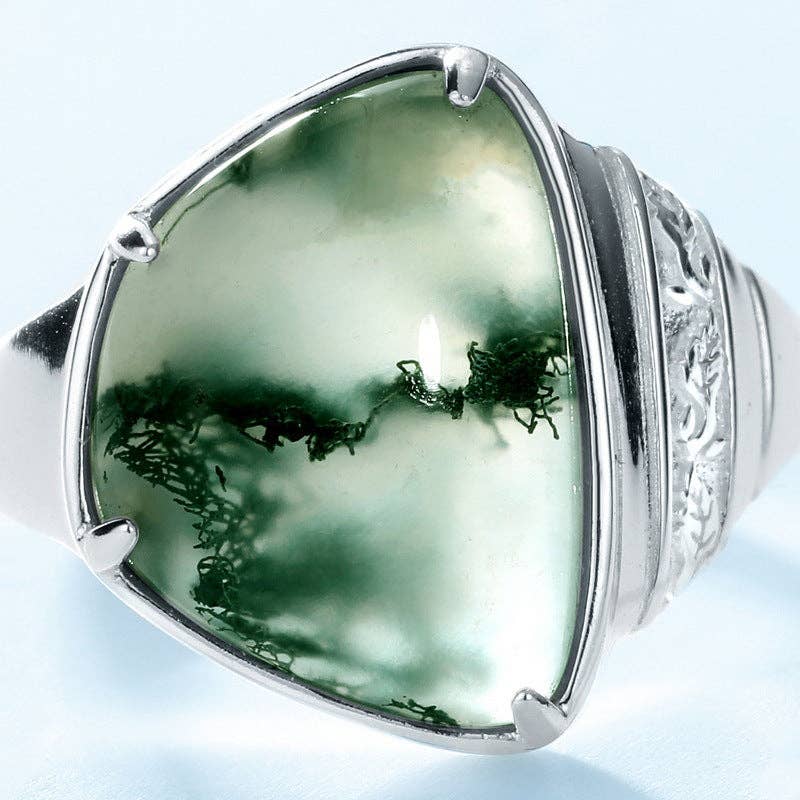 Triangular Moss Agate Statement Ring in 925 Sterling Silver