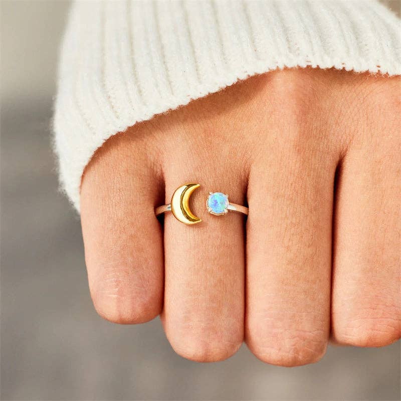 Gold Opal Moon Star Stacking Ring in 925 Sterling Silver