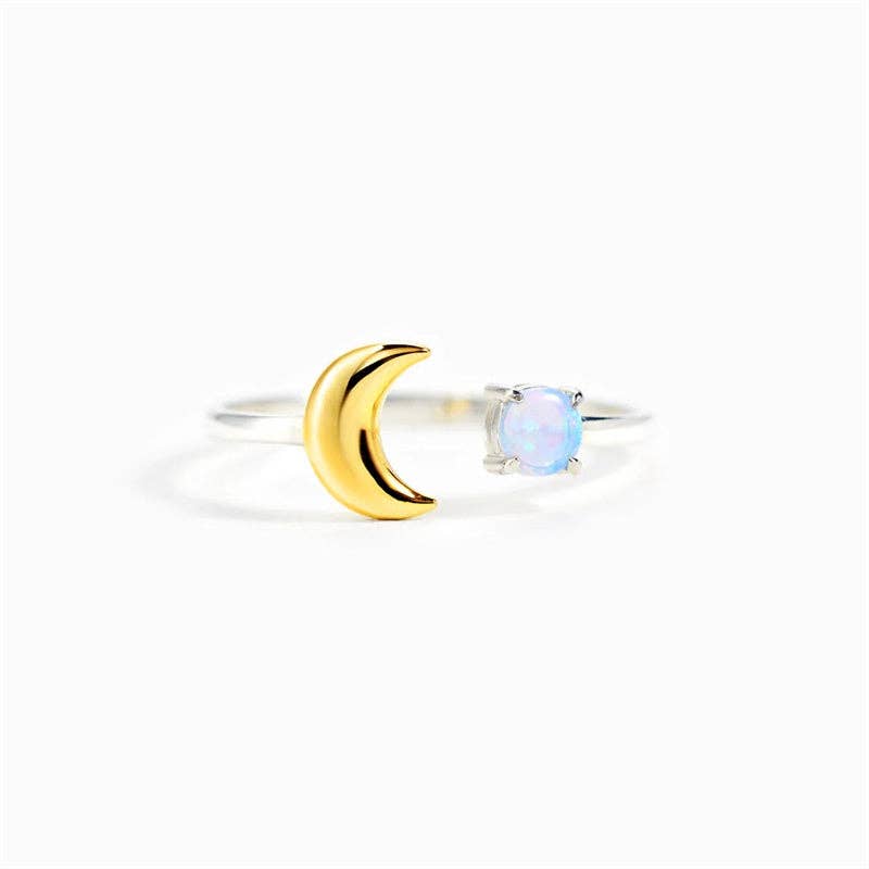 Gold Opal Moon Star Stacking Ring in 925 Sterling Silver