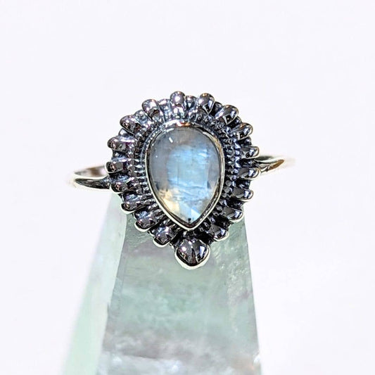 Peacock Tail Rainbow Moonstone Sterling Ring