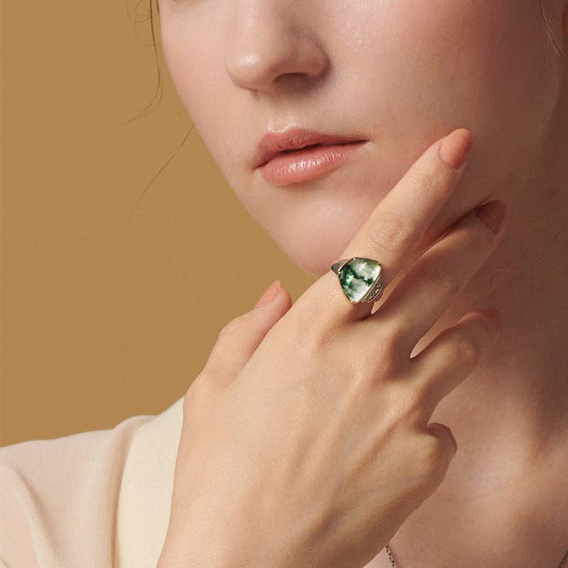 Triangular Moss Agate Statement Ring in 925 Sterling Silver