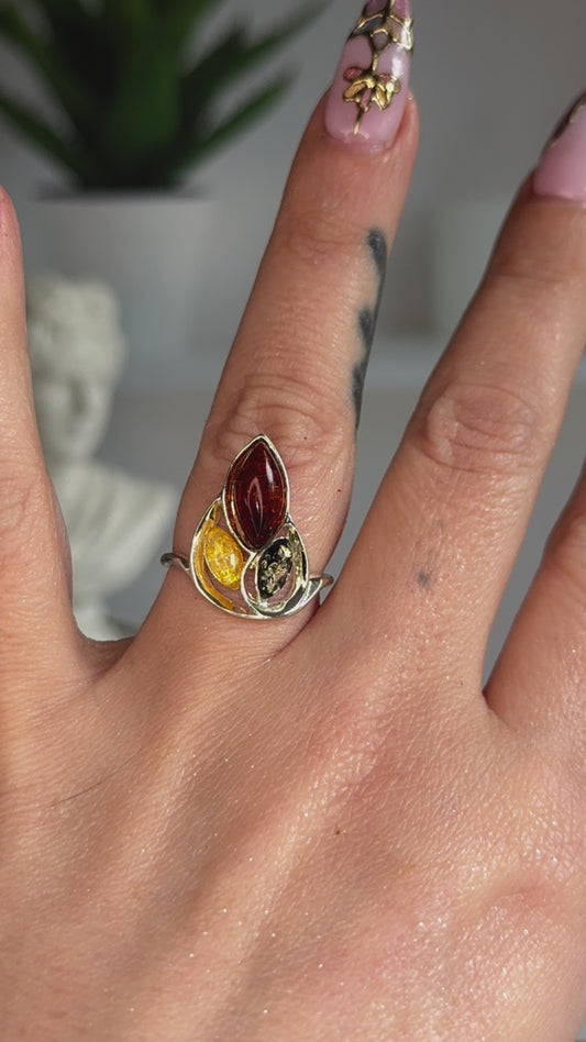 Tri-Colored Amber Sterling 925 Ring