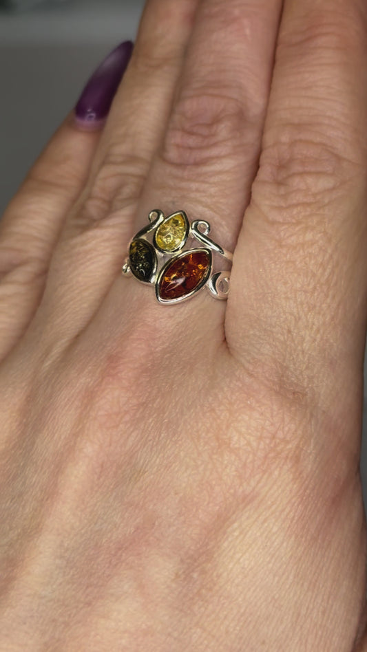 Tri-Colored Amber Silver 925 Ring