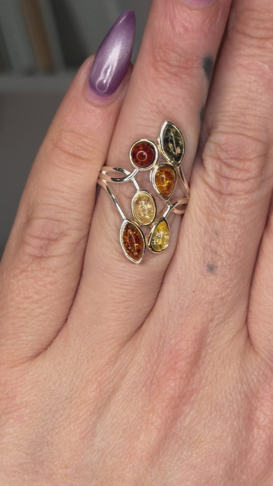 Tri-Colored Amber Sterling Silver Ring